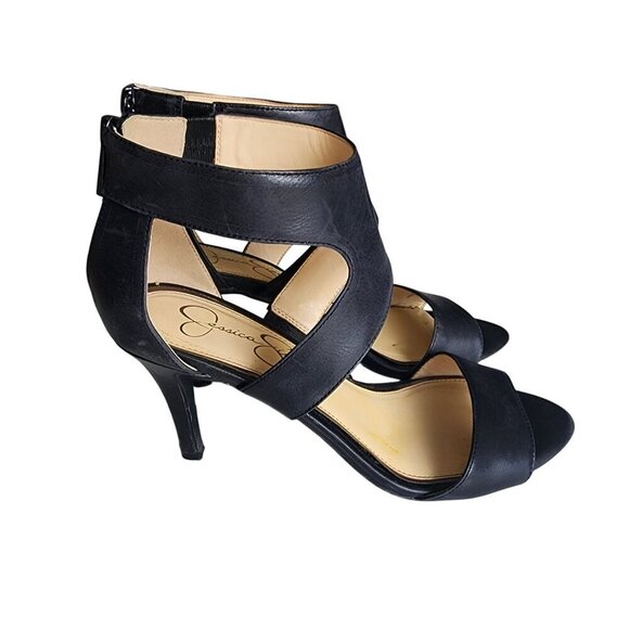 Jessica Simpson Genuine Leather Open-Toe Heels With Ankle Straps Black Size 8.5M - Picture 1 of 16